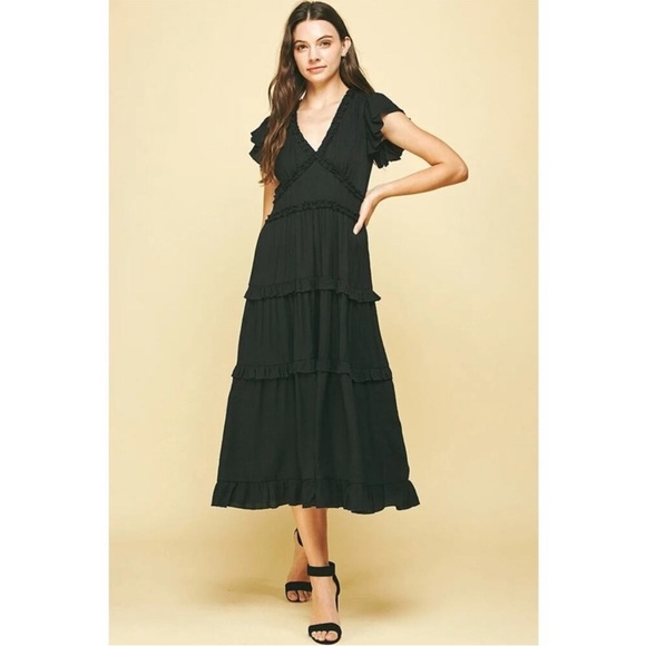 Pinch Gauzy Deep V Neck Black Tiered Short Sleeve Maxi Dress Medium - Picture 1 of 15